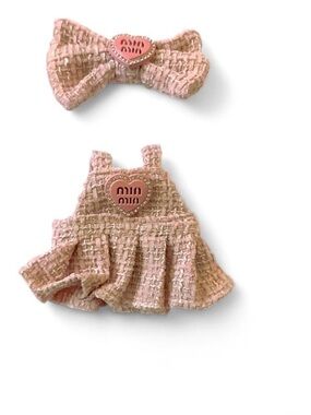 Pink Tweed Doll Dress & Bow Hair Clip Set - Heart Accent for Labubu Sized Doll